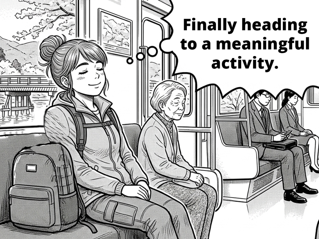 Manga panel 2: Tourist sitting on a 25-minute train ride to Otsu thinking about a meaningful cultural workshop.