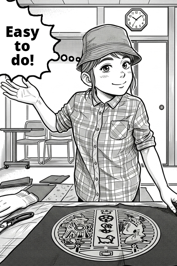 Manga panel 3A: Tourist showing manhole cover workshop result thinking it was easy to do.