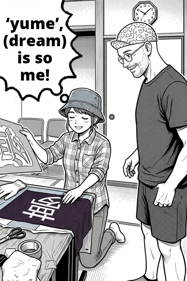 Manga panel 3B: Tourist finishing Japanese kanji character workshop thinking how it represents herself.